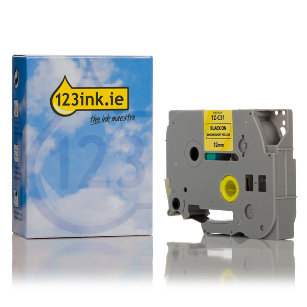 123ink version replaces Brother TZe-C31 black on fluorescent yellow tape, 12mm  080653 - 1